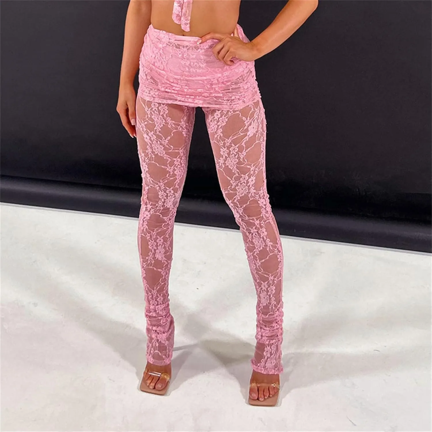 Lace Sheer Pants for Women See Through Mesh High Waist Wide Leg Stretchy Trousers Y2k Gothic Fairy Grunge Streetwear