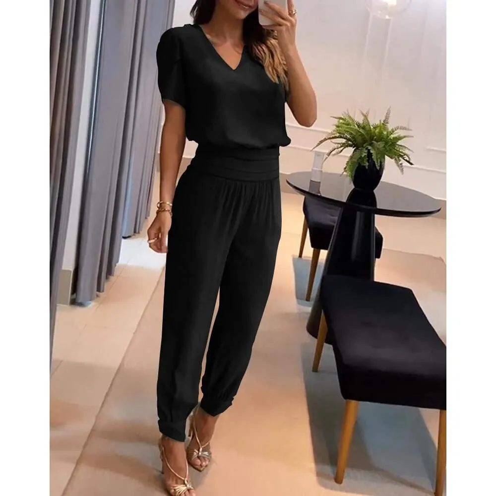 Ladies Set - Chic - V-neck Blouse and Elastic Trousers - Ideal for Every Day.