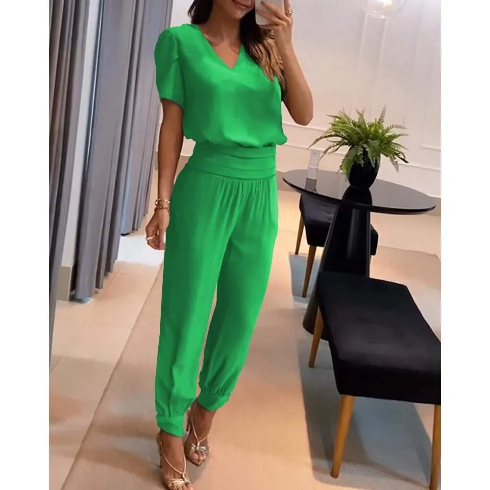 Ladies Set - Chic - V-neck Blouse and Elastic Trousers - Ideal for Every Day.