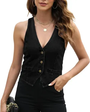 Ladyful Womens Denim Vest Sleeveless V neck Jean Suit Waistcoat Vest