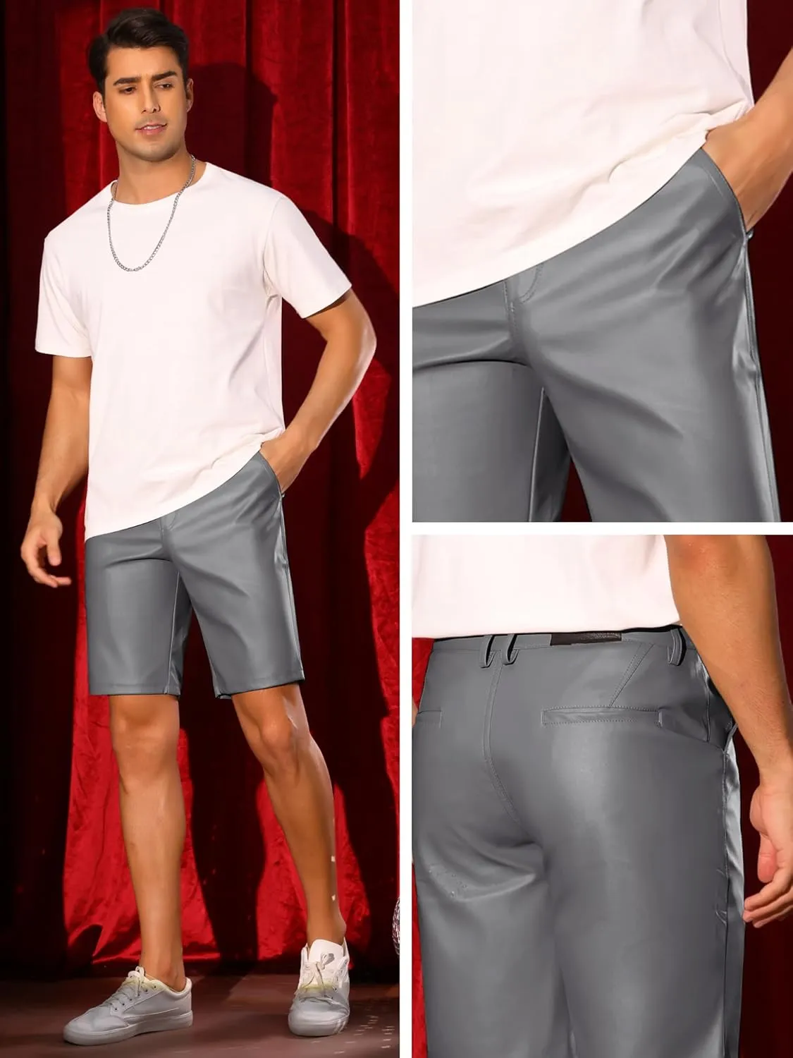Lars Amadeus Faux Leather Shorts for Men's Hip Hop Motorcycle Biker Party Disco Shorts