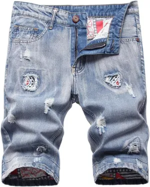 Lavnis Men's Moto Biker Jeans Shorts Ripped Distressed Denim Shorts with Broken Hole