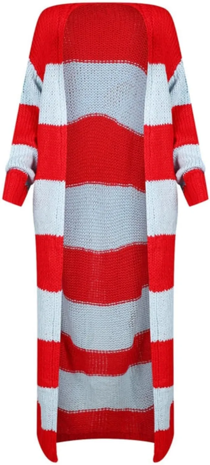 LETSVDO Women's Color Block Long Cardigan Open Front Oversized Striped Knit Slouchy Duster Chunky Sweater Coat