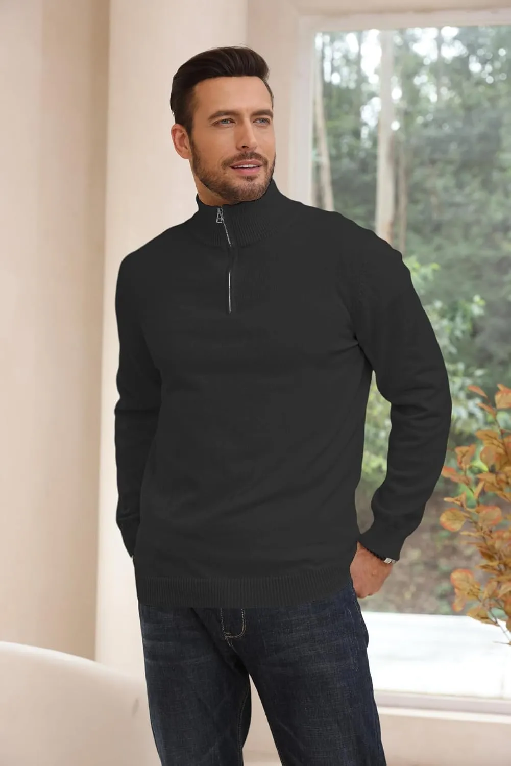 Lexiart Men's Quarter Zip Sweater Casual Mock Neck Pullover Ribbed Knit Polo Sweater