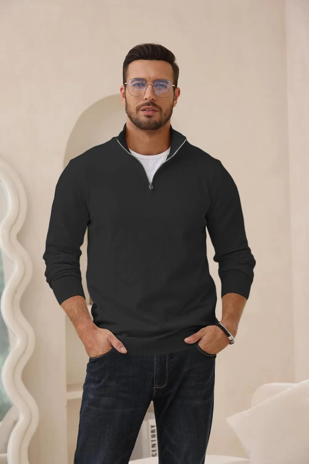 Lexiart Men's Quarter Zip Sweater Casual Mock Neck Pullover Ribbed Knit Polo Sweater