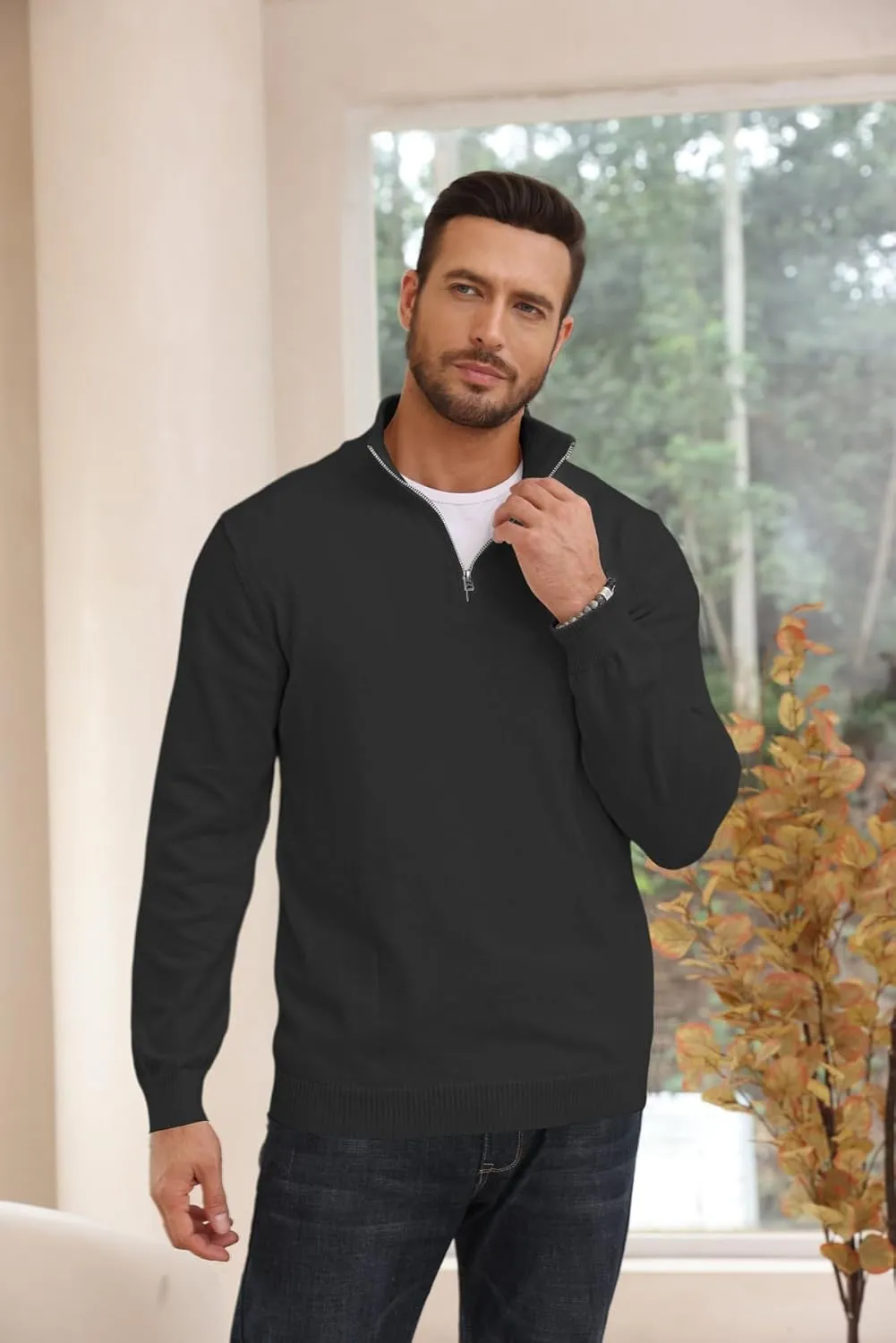 Lexiart Men's Quarter Zip Sweater Casual Mock Neck Pullover Ribbed Knit Polo Sweater