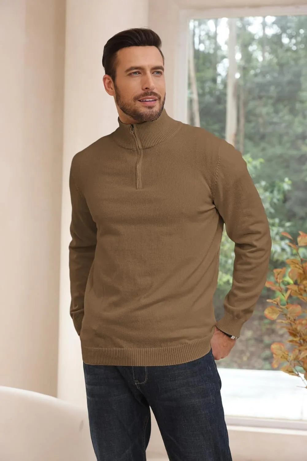 Lexiart Men's Quarter Zip Sweater Casual Mock Neck Pullover Ribbed Knit Polo Sweater
