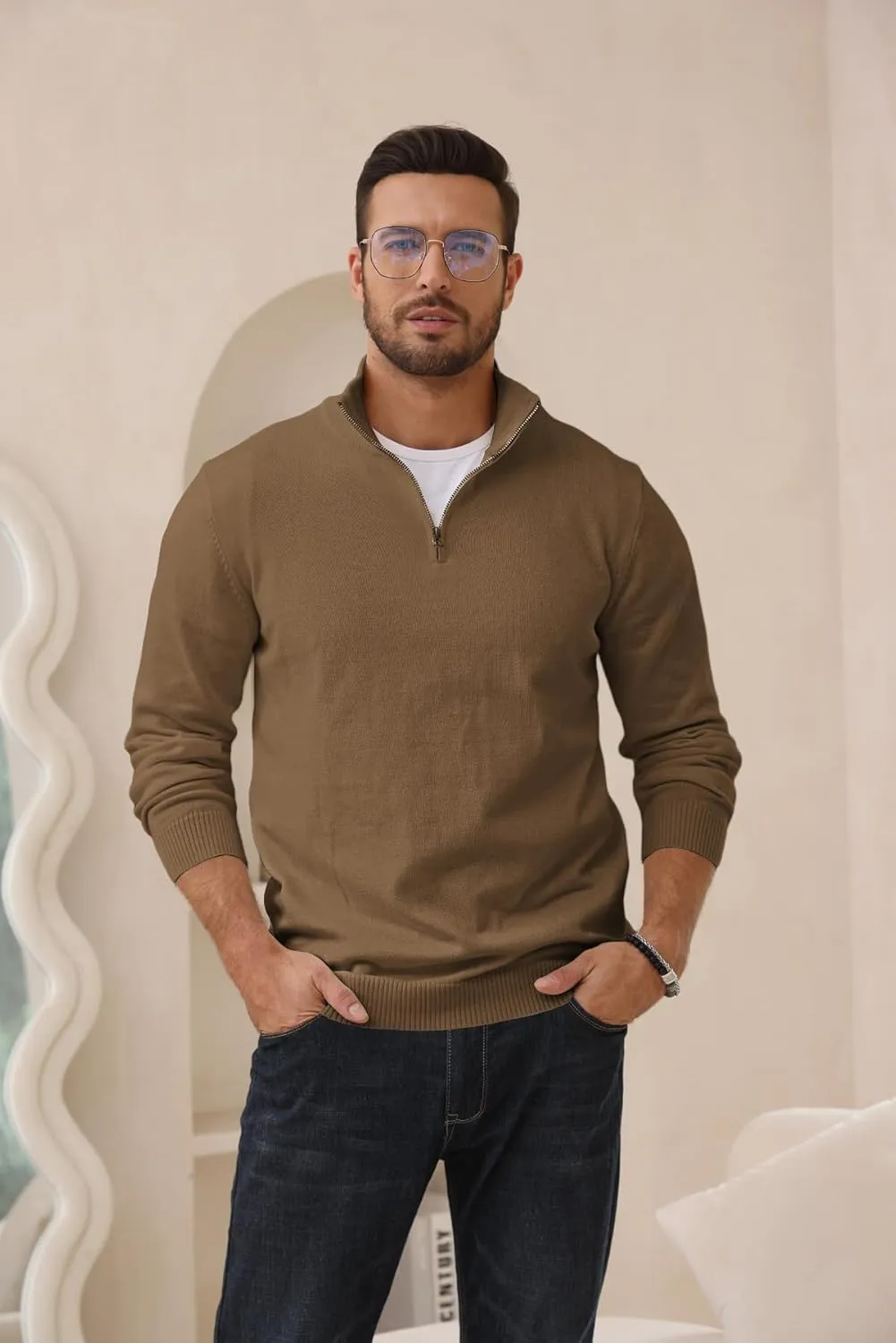 Lexiart Men's Quarter Zip Sweater Casual Mock Neck Pullover Ribbed Knit Polo Sweater