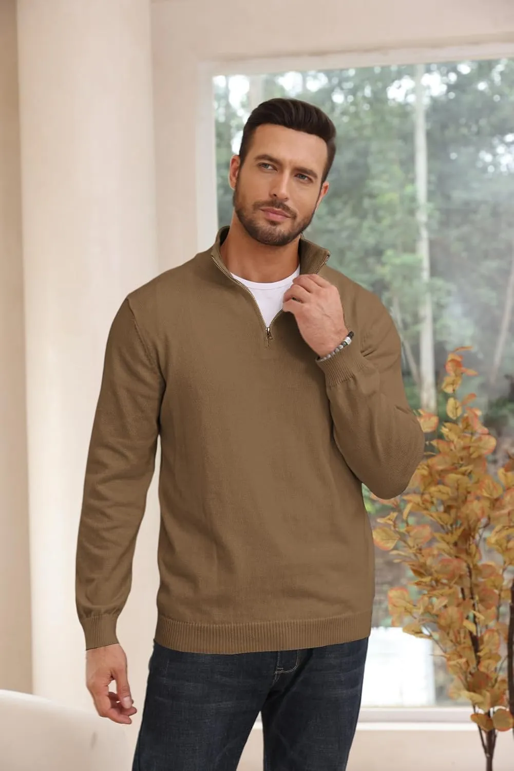 Lexiart Men's Quarter Zip Sweater Casual Mock Neck Pullover Ribbed Knit Polo Sweater