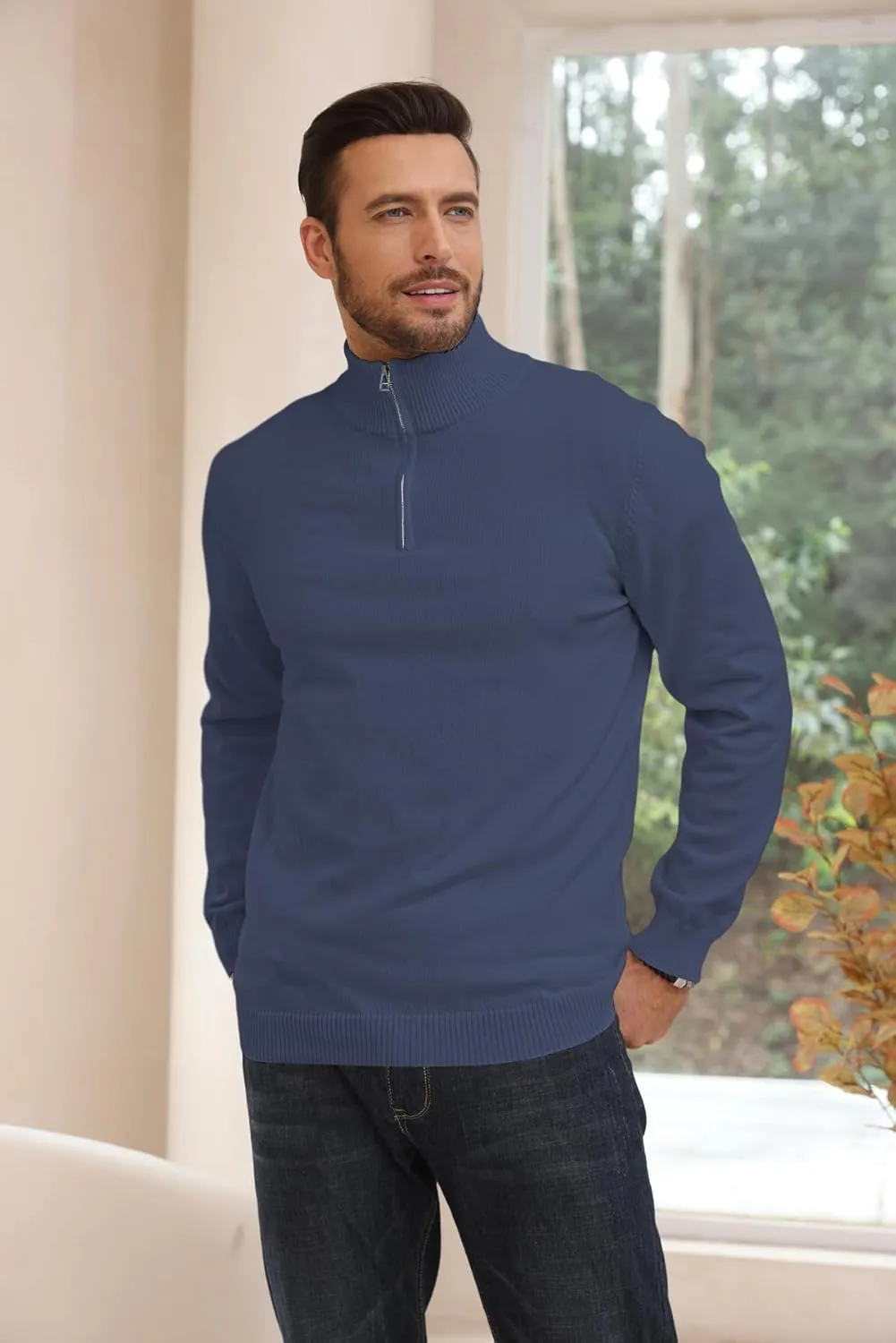 Lexiart Men's Quarter Zip Sweater Casual Mock Neck Pullover Ribbed Knit Polo Sweater