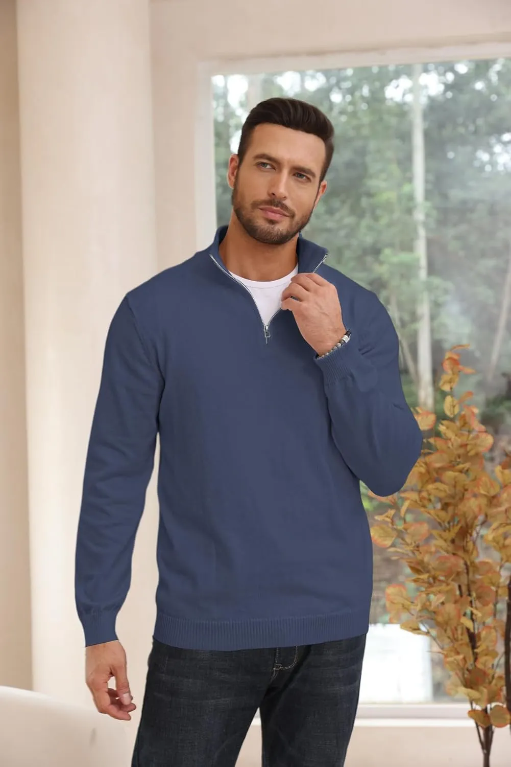 Lexiart Men's Quarter Zip Sweater Casual Mock Neck Pullover Ribbed Knit Polo Sweater