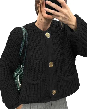 Locachy Women's Crochet Chunky Knit Sweater Cardigan Trendy Crewneck Gold Button Down Sweater