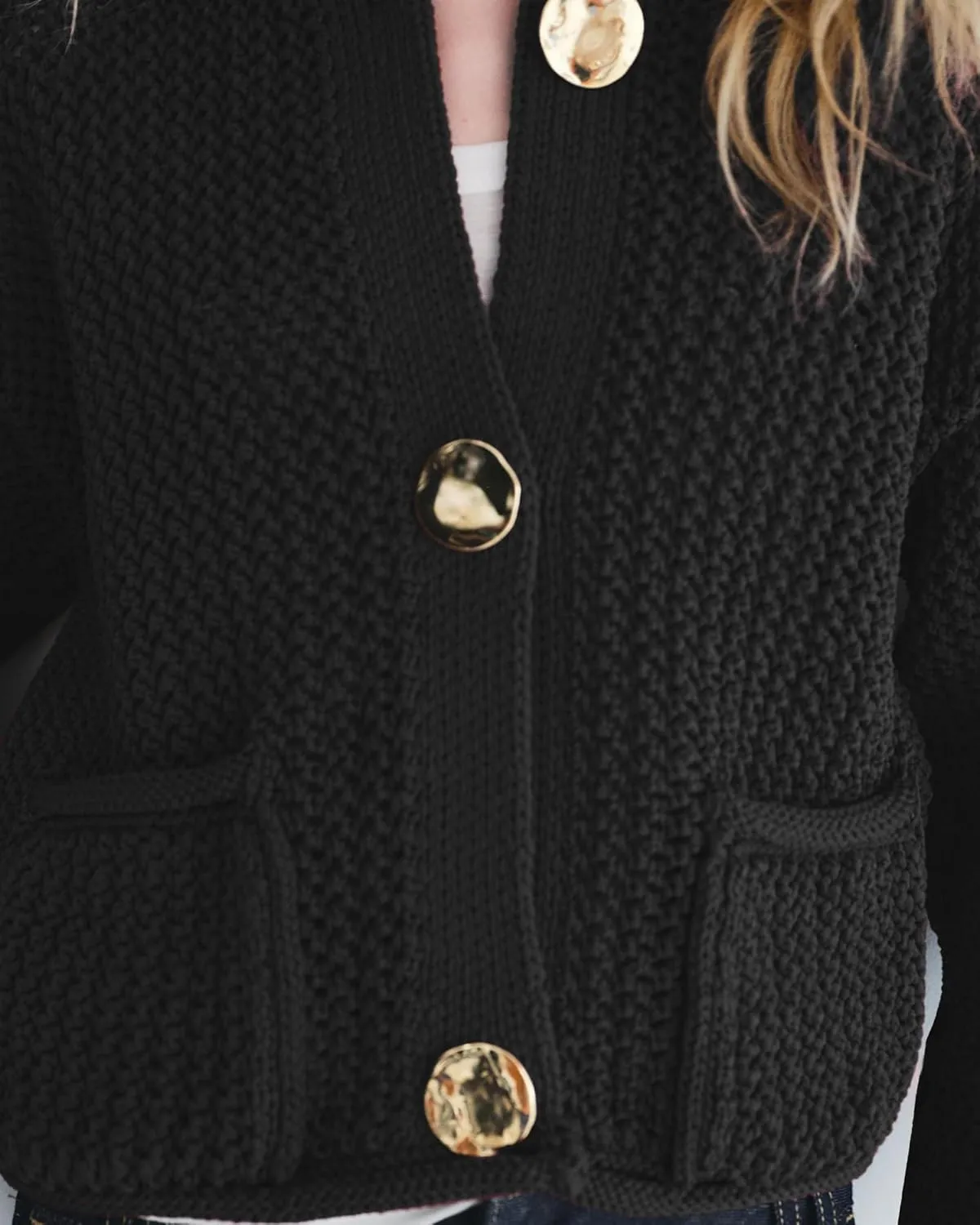 Locachy Women's Crochet Chunky Knit Sweater Cardigan Trendy Crewneck Gold Button Down Sweater