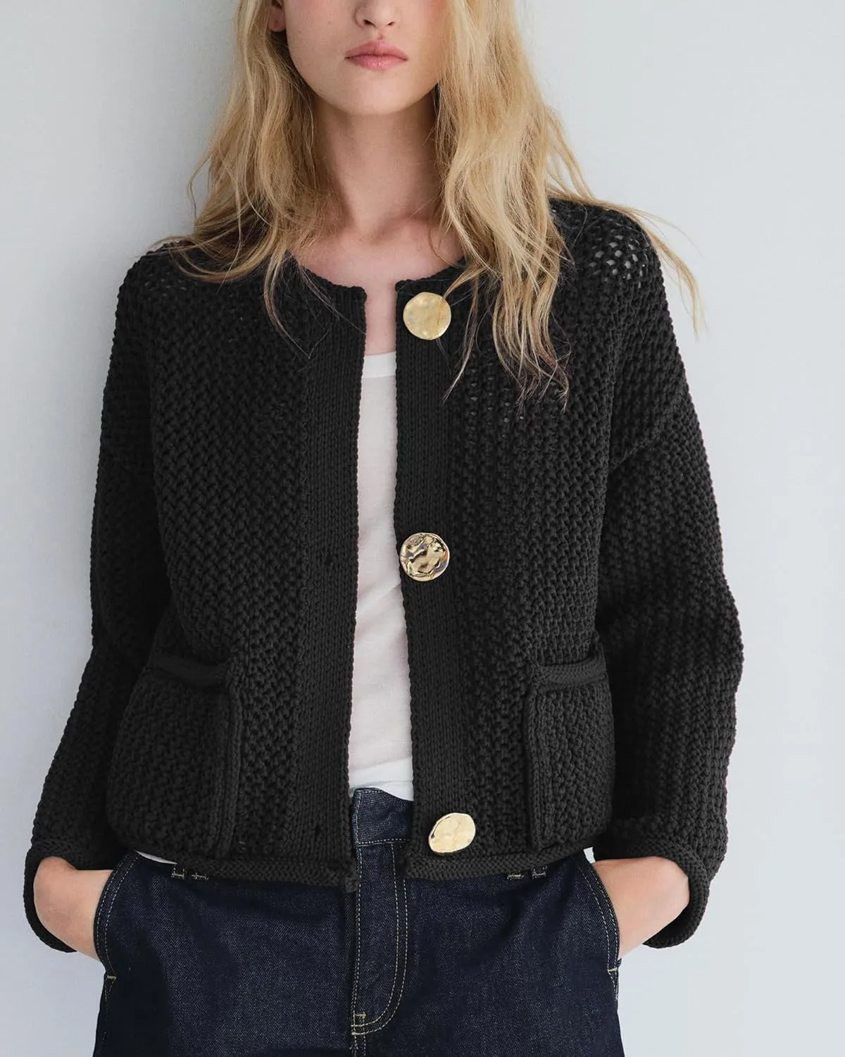 Locachy Women's Crochet Chunky Knit Sweater Cardigan Trendy Crewneck Gold Button Down Sweater