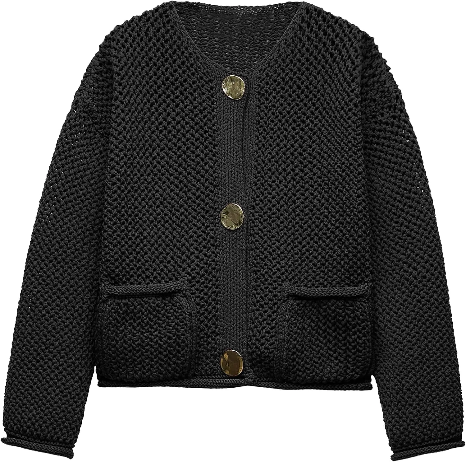Locachy Women's Crochet Chunky Knit Sweater Cardigan Trendy Crewneck Gold Button Down Sweater