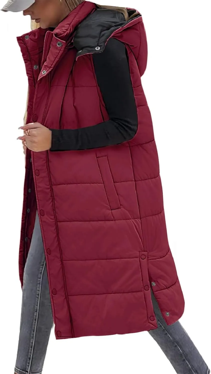 Long Puffer Vest Women With Hood Sleeveless Down Vest Warm Jacket Winter Coat With Pockets