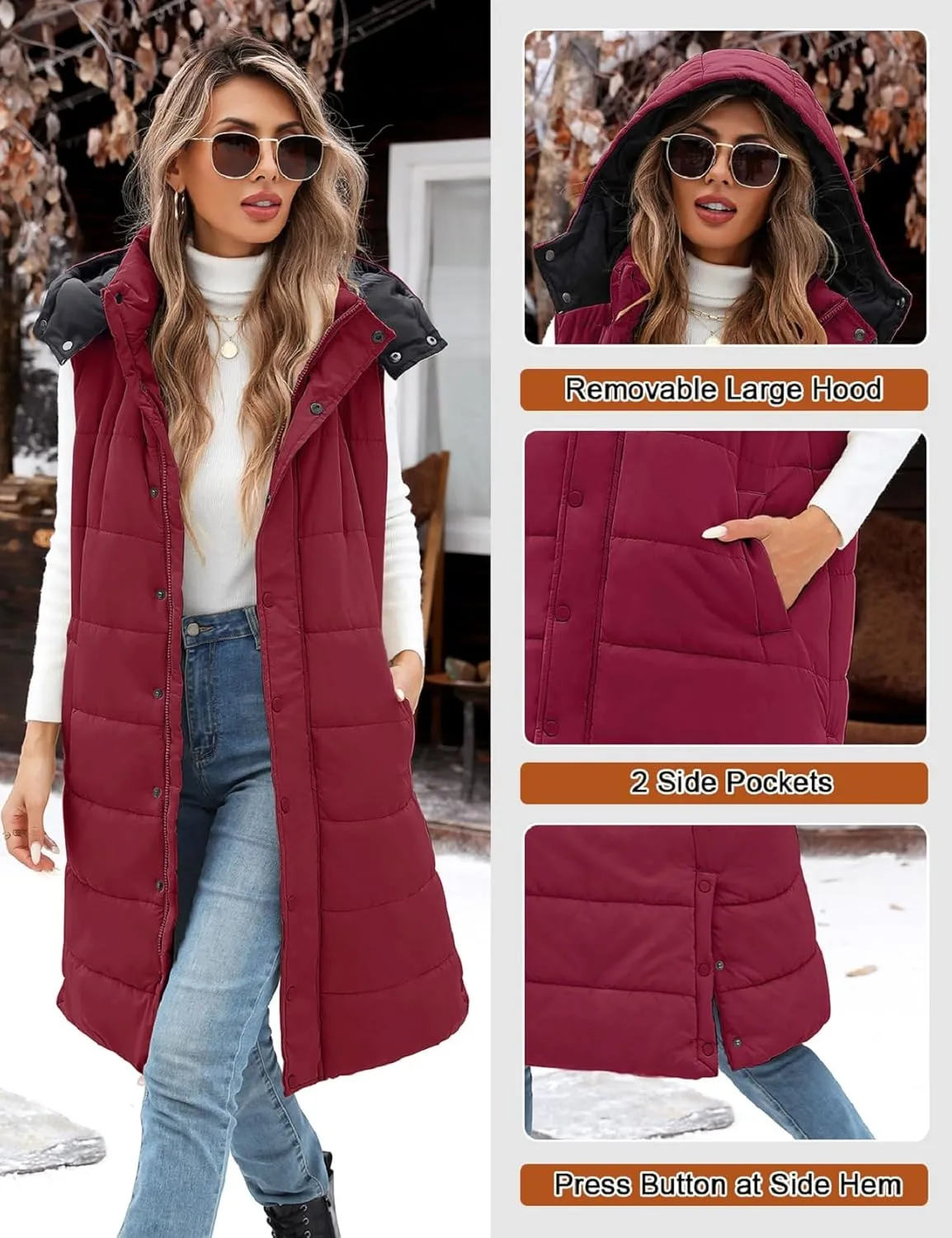 Long Puffer Vest Women With Hood Sleeveless Down Vest Warm Jacket Winter Coat With Pockets