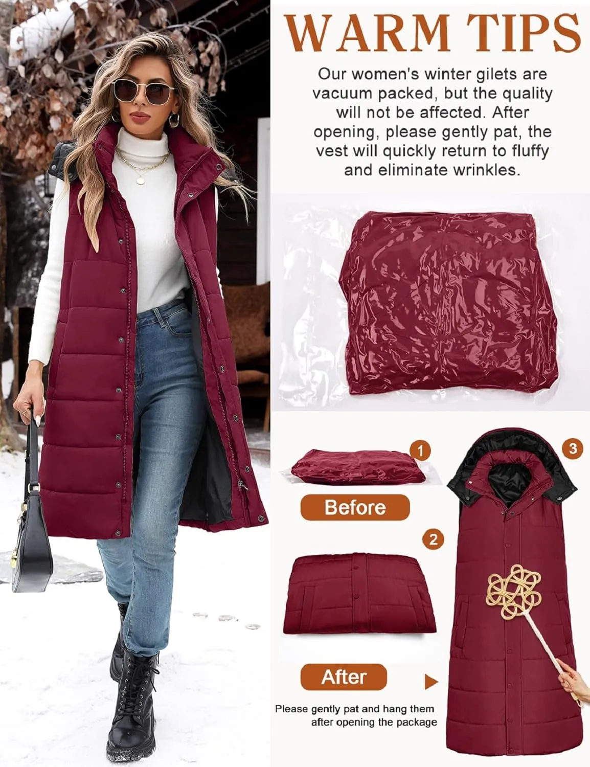 Long Puffer Vest Women With Hood Sleeveless Down Vest Warm Jacket Winter Coat With Pockets