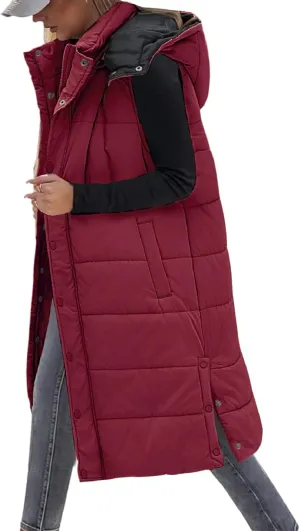 Long Puffer Vest Women With Hood Sleeveless Down Vest Warm Jacket Winter Coat With Pockets