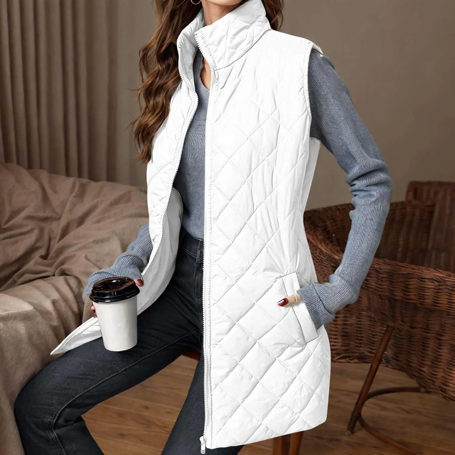 Long Puffer Vest Womens Winter Ultra Light Quilted Long Down Vest Stand Collar Full Zip Pockets Black Outerwear Vest