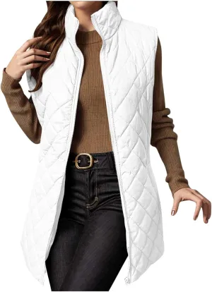 Long Puffer Vest Womens Winter Ultra Light Quilted Long Down Vest Stand Collar Full Zip Pockets Black Outerwear Vest