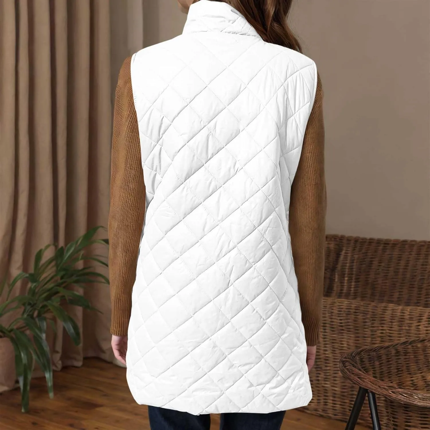 Long Puffer Vest Womens Winter Ultra Light Quilted Long Down Vest Stand Collar Full Zip Pockets Black Outerwear Vest