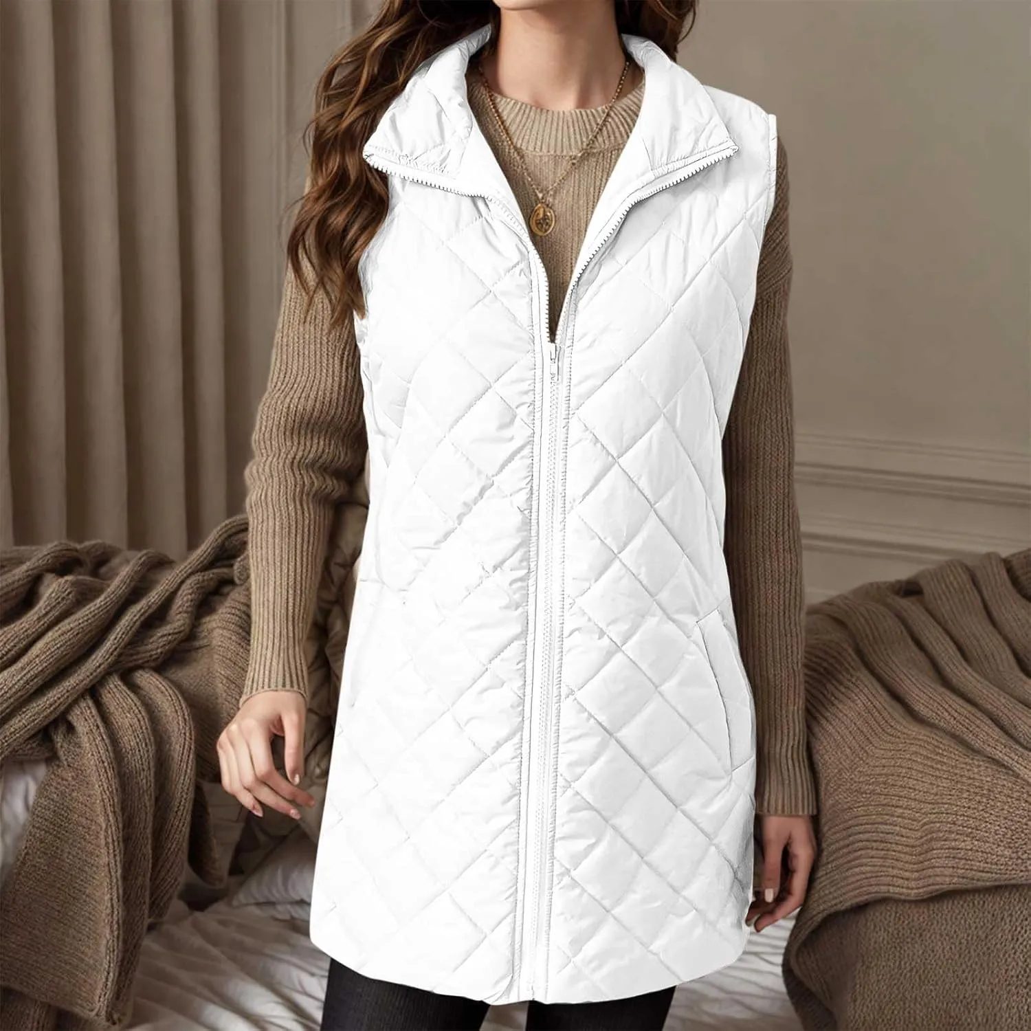 Long Puffer Vest Womens Winter Ultra Light Quilted Long Down Vest Stand Collar Full Zip Pockets Black Outerwear Vest