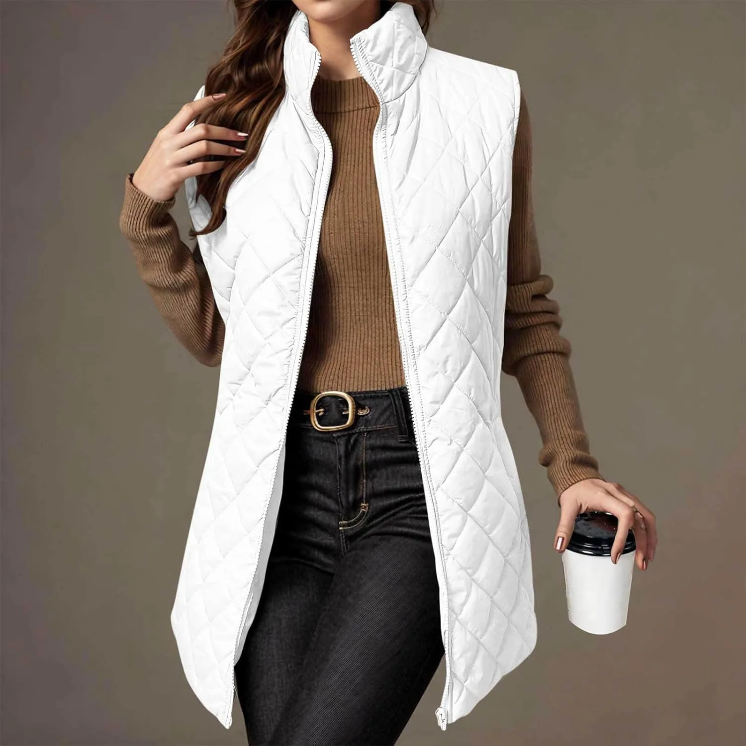 Long Puffer Vest Womens Winter Ultra Light Quilted Long Down Vest Stand Collar Full Zip Pockets Black Outerwear Vest