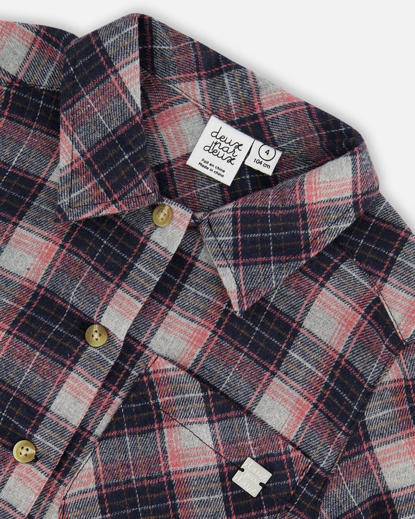 Long Sleeve Button Front Tunic Flannel Shirt Plaid Navy And Pink