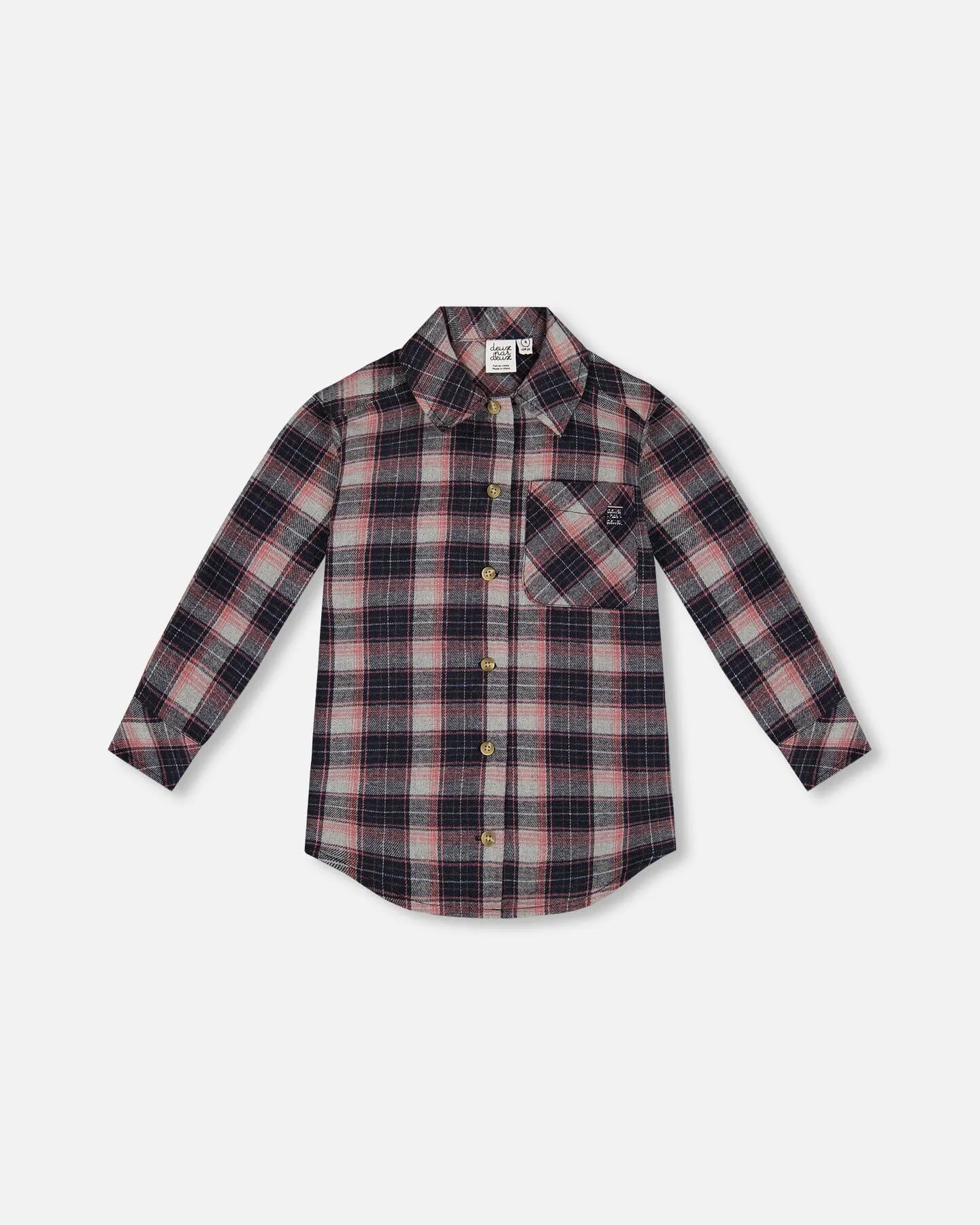 Long Sleeve Button Front Tunic Flannel Shirt Plaid Navy And Pink