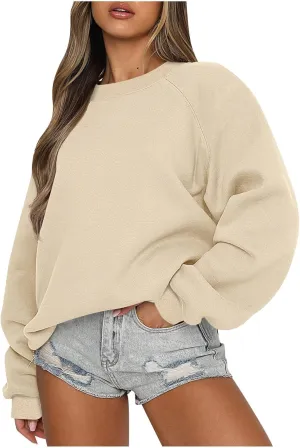 Long Sleeve Crewneck Sweatshirts for Women Oversized Drop Shoulder Fleece Pullover Tops Casual Loose Sweater Shirts