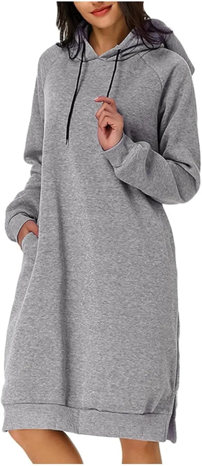 Long Sleeve Dress for Women Lightweight Pocket Hoodie Dress Fall Sweatshirts for Women Loose Pullover Tunic