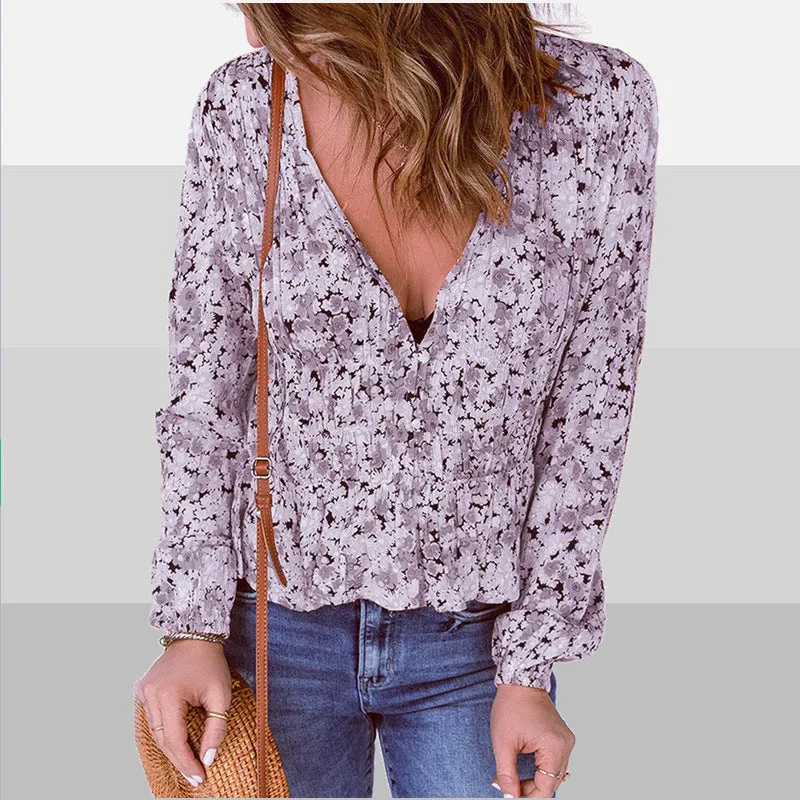 Long Sleeve Floral Chiffon Casual V-neck Blouses