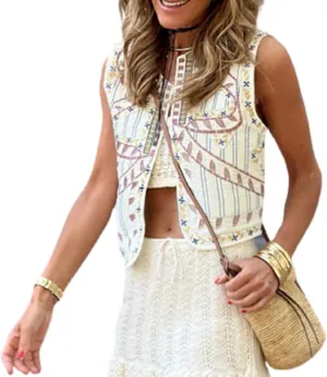 Lordree Women Retro Embroidered Floral Vest Tops Y2k Sleeveless Open Front Crop Vest Vintage Fashion Floral Sleeveless Blazer
