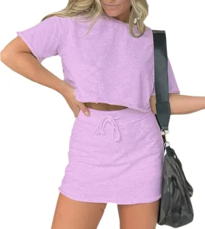 Lounge Cropped Tee Skort Set, Women's 2 Piece Outfits with Shorts, Summer Solid Color Drawstring Sweat Skirt Sets