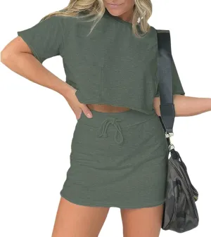 Lounge Cropped Tee Skort Set, Women's 2 Piece Outfits with Shorts, Summer Solid Color Drawstring Sweat Skirt Sets