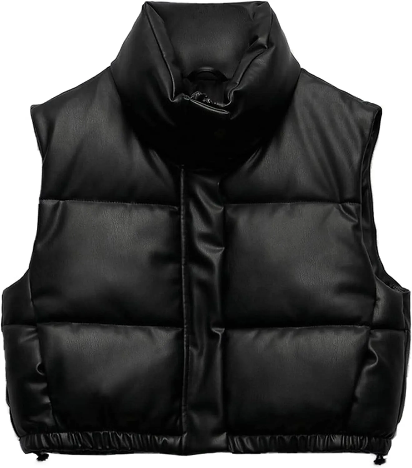 Lumister Womens Faux Leather Puffer Vest PU Leather Padded Cropped Vest Sleeveless Stand Collar Gilet Puffy Crop Jacket Coat