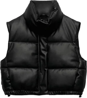 Lumister Womens Faux Leather Puffer Vest PU Leather Padded Cropped Vest Sleeveless Stand Collar Gilet Puffy Crop Jacket Coat
