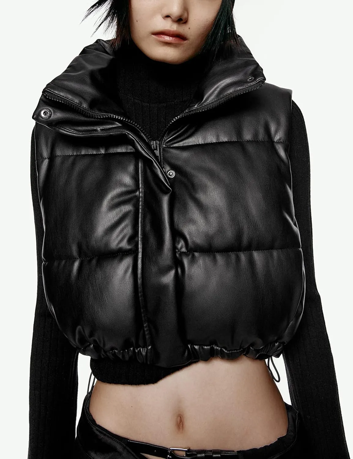 Lumister Womens Faux Leather Puffer Vest PU Leather Padded Cropped Vest Sleeveless Stand Collar Gilet Puffy Crop Jacket Coat