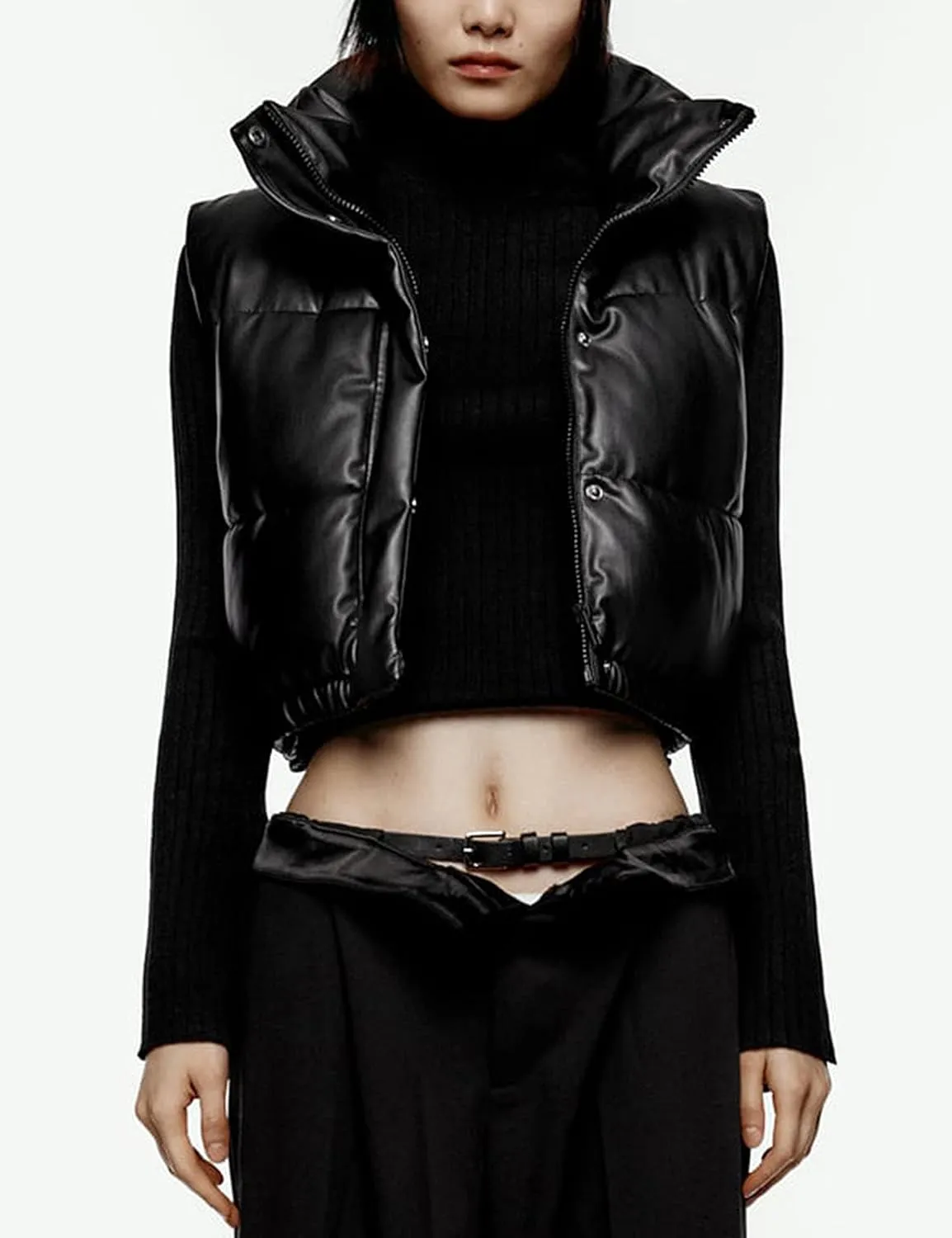 Lumister Womens Faux Leather Puffer Vest PU Leather Padded Cropped Vest Sleeveless Stand Collar Gilet Puffy Crop Jacket Coat