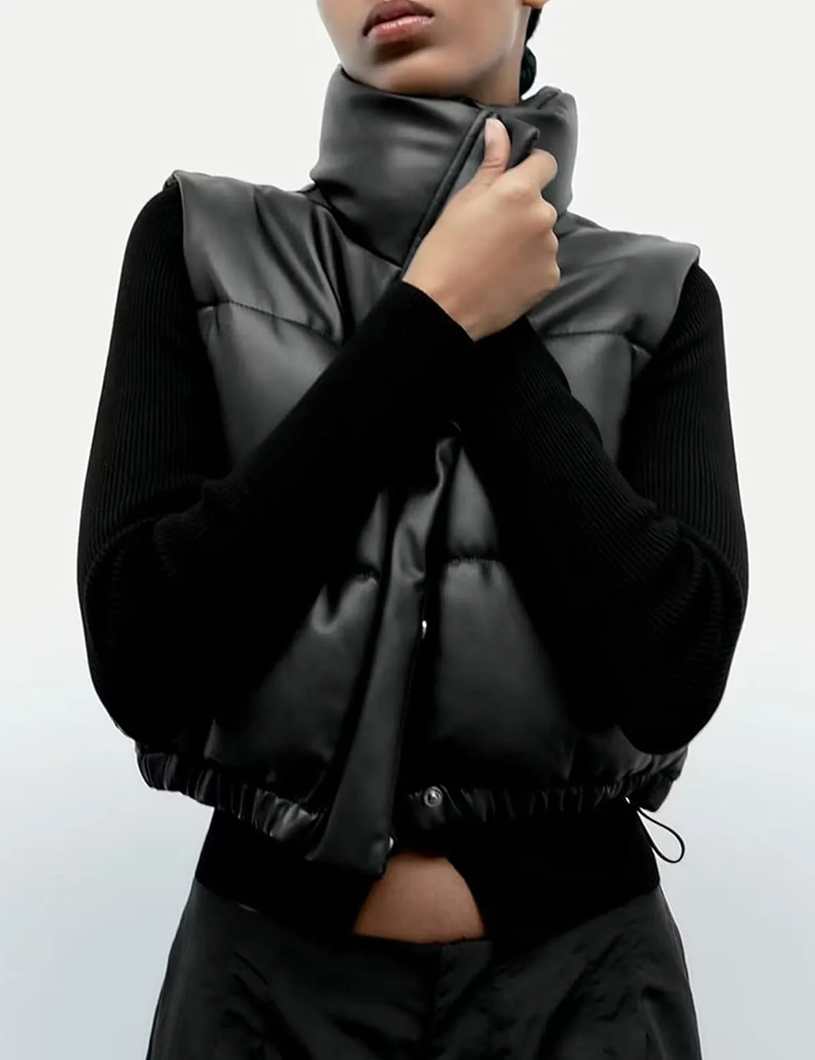 Lumister Womens Faux Leather Puffer Vest PU Leather Padded Cropped Vest Sleeveless Stand Collar Gilet Puffy Crop Jacket Coat