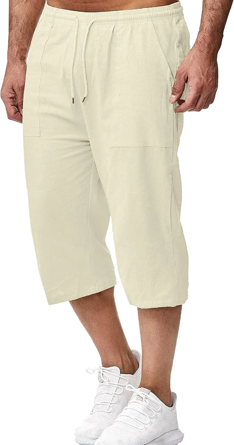LVCBL Mens Linen Shorts Men Casual Capri Pant Summer Beach Yoga Shorts with Pockets