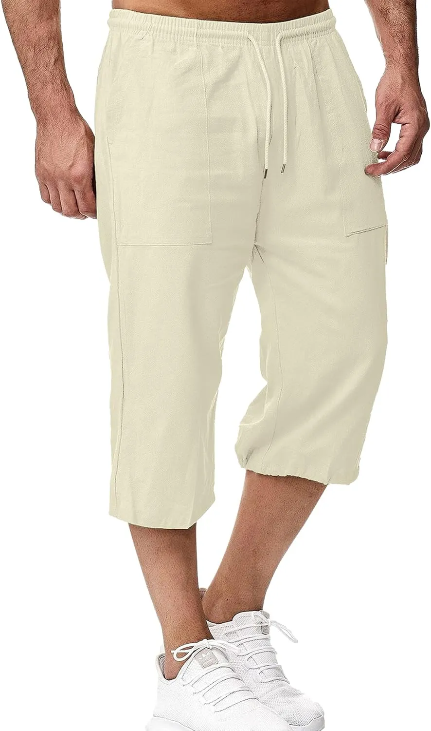 LVCBL Mens Linen Shorts Men Casual Capri Pant Summer Beach Yoga Shorts with Pockets