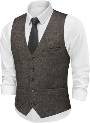 MAGE MALE Men's Suit Vests Business Formal Dress Tweed Vest Slim Fit Casual Waistcoat with 3 Real Pockets