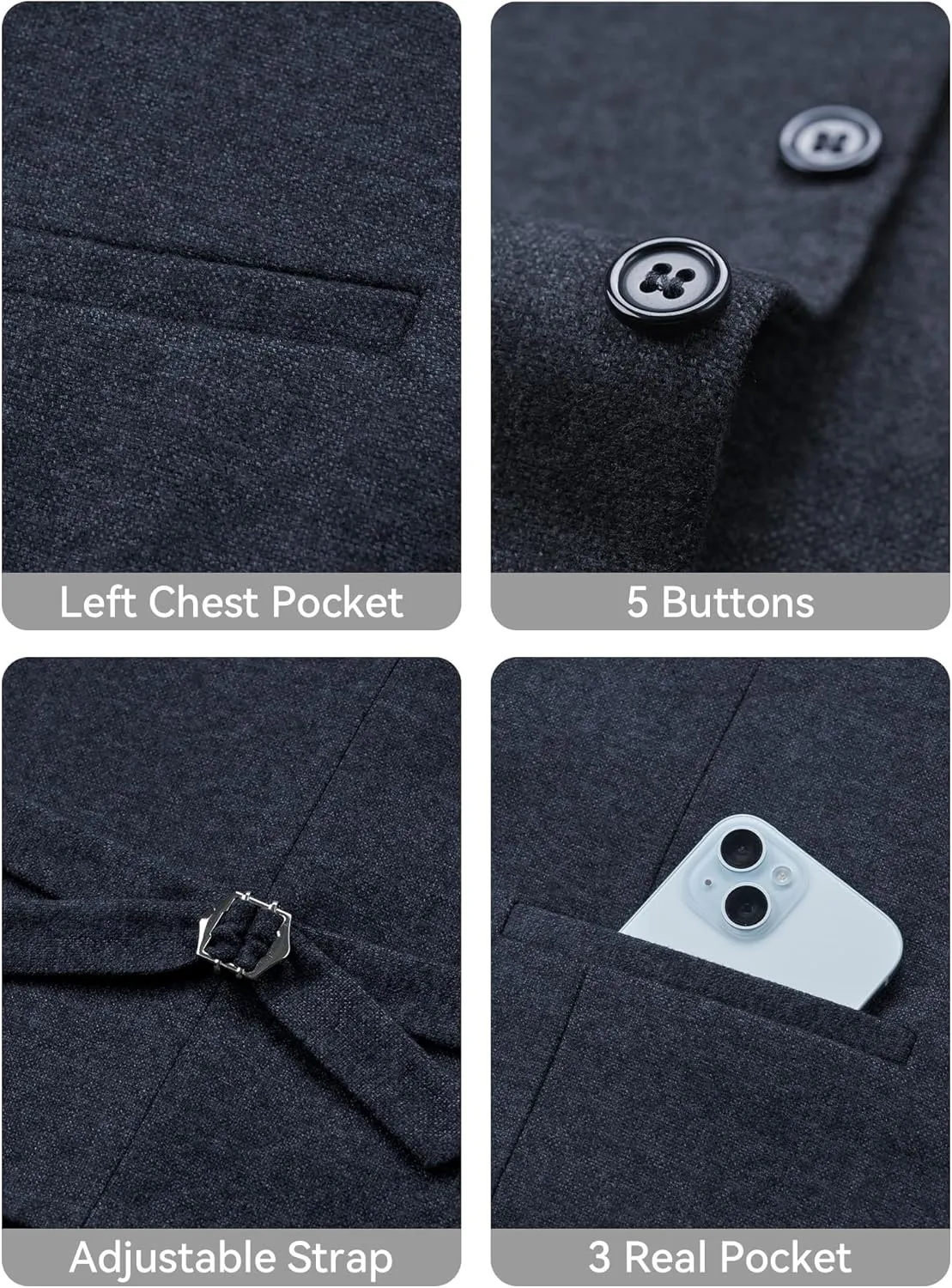MAGE MALE Men's Suit Vests Business Formal Dress Tweed Vest Slim Fit Casual Waistcoat with 3 Real Pockets