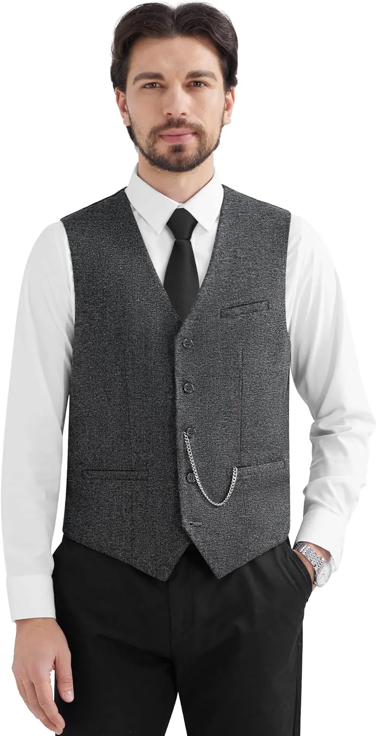 MAGE MALE Men's Suit Vests Business Formal Dress Tweed Vest Slim Fit Casual Waistcoat with 3 Real Pockets