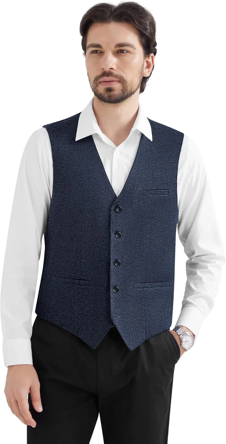 MAGE MALE Men's Suit Vests Business Formal Dress Tweed Vest Slim Fit Casual Waistcoat with 3 Real Pockets
