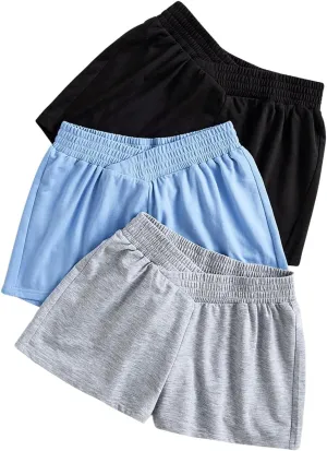 MakeMeChic Women's 3 Pack Elastic V Waist Wide Leg Shorts Summer Casual Sweat Shorts