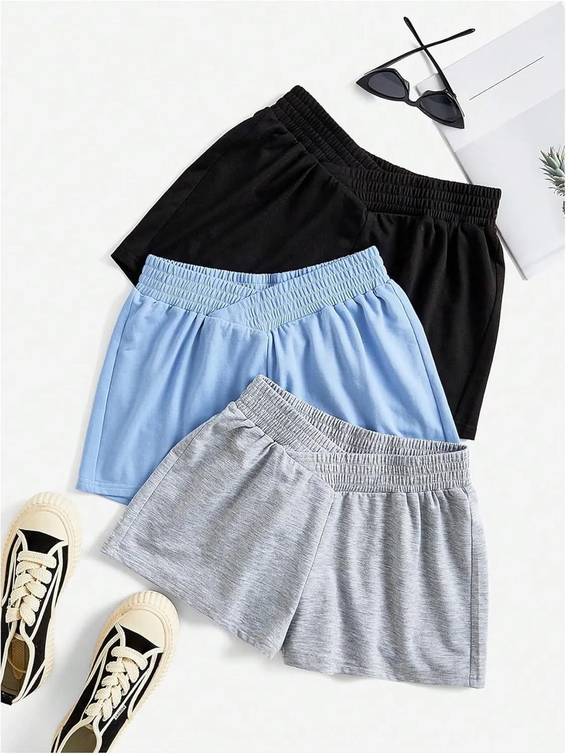 MakeMeChic Women's 3 Pack Elastic V Waist Wide Leg Shorts Summer Casual Sweat Shorts