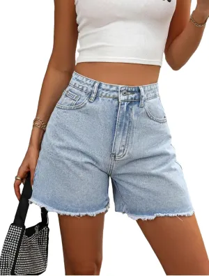 MakeMeChic Women's High Waist Jean Shorts Casual Raw Hem Straight Leg Summer Denim Shorts